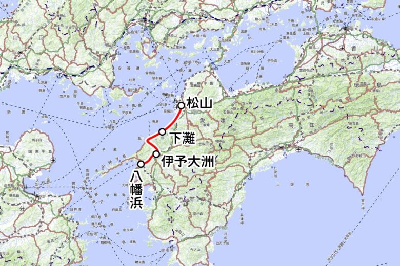 JR四国の観光列車「伊予灘ものがたり」運転区間（国土地理院の地図を元に作成）