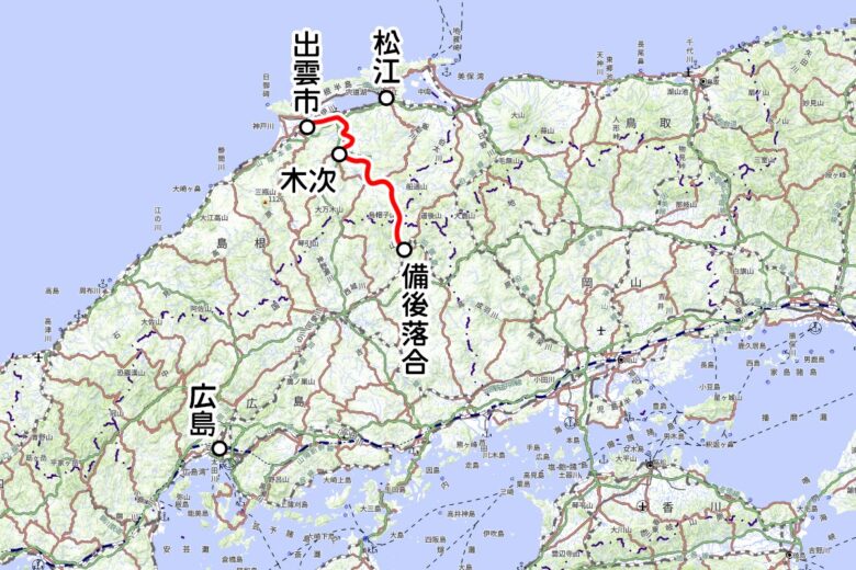 JR西日本の観光列車「奥出雲おろち号」運転区間（国土地理院の地図を元に作成）