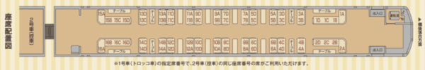 JR西日本の観光列車「奥出雲おろち号」のシートマップ（JR西日本公式サイトより引用）