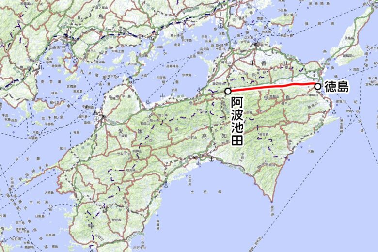 JR四国の観光列車「藍よしのがわトロッコ」の運転区間（国土地理院の地図を元に作成）