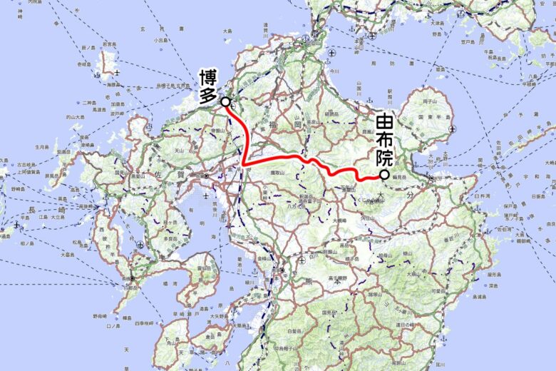 JR九州の観光列車「或る列車」運転区間（国土地理院の地図を元に作成）