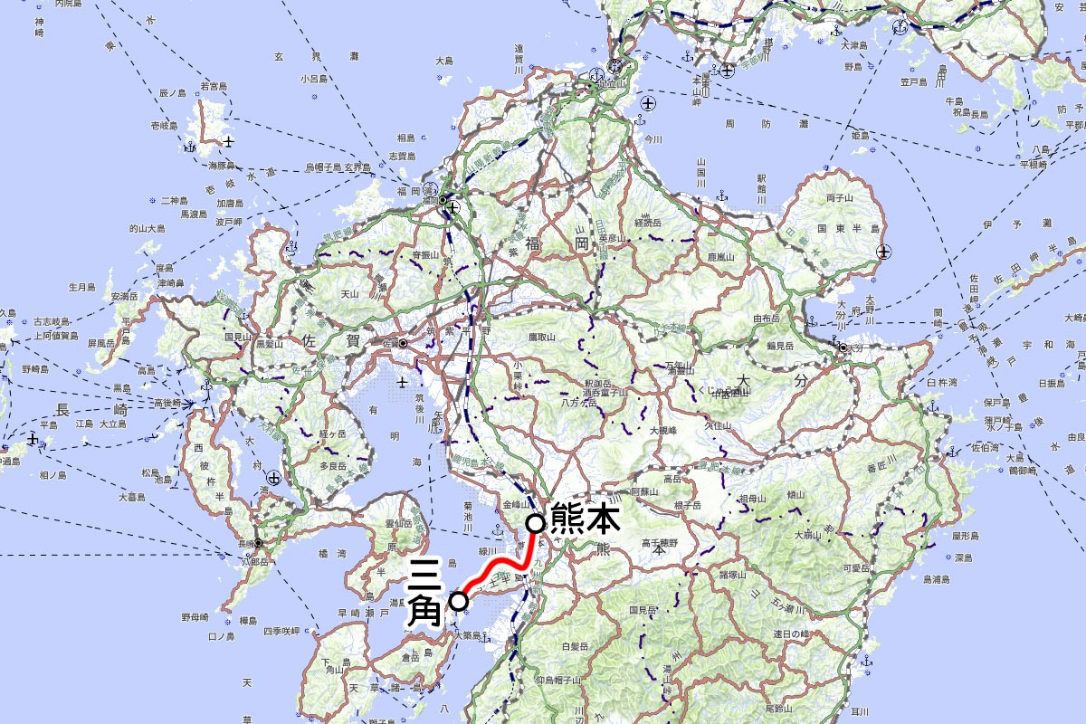 JR九州の観光列車「A列車で行こう」の運転区間（国土地理院の地図を元に作成）