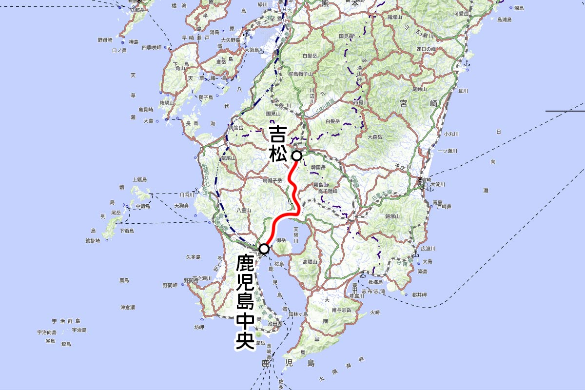 JR九州の観光列車「はやとの風」運転区間（国土地理院の地図を元に作成）