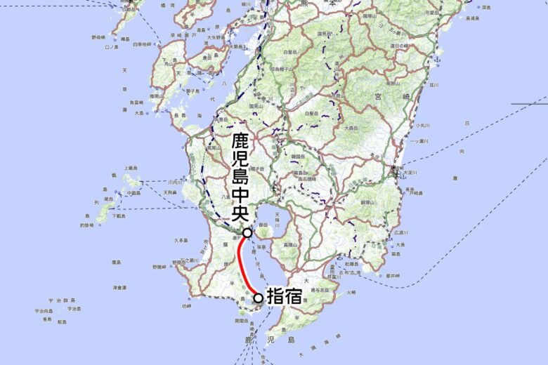 JR九州の観光列車「指宿のたまて箱」運転区間（国土地理院の地図を元に作成）