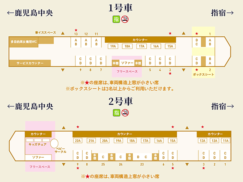 JR九州の観光列車「指宿のたまて箱」シートマップ（JR九州公式サイトより引用）