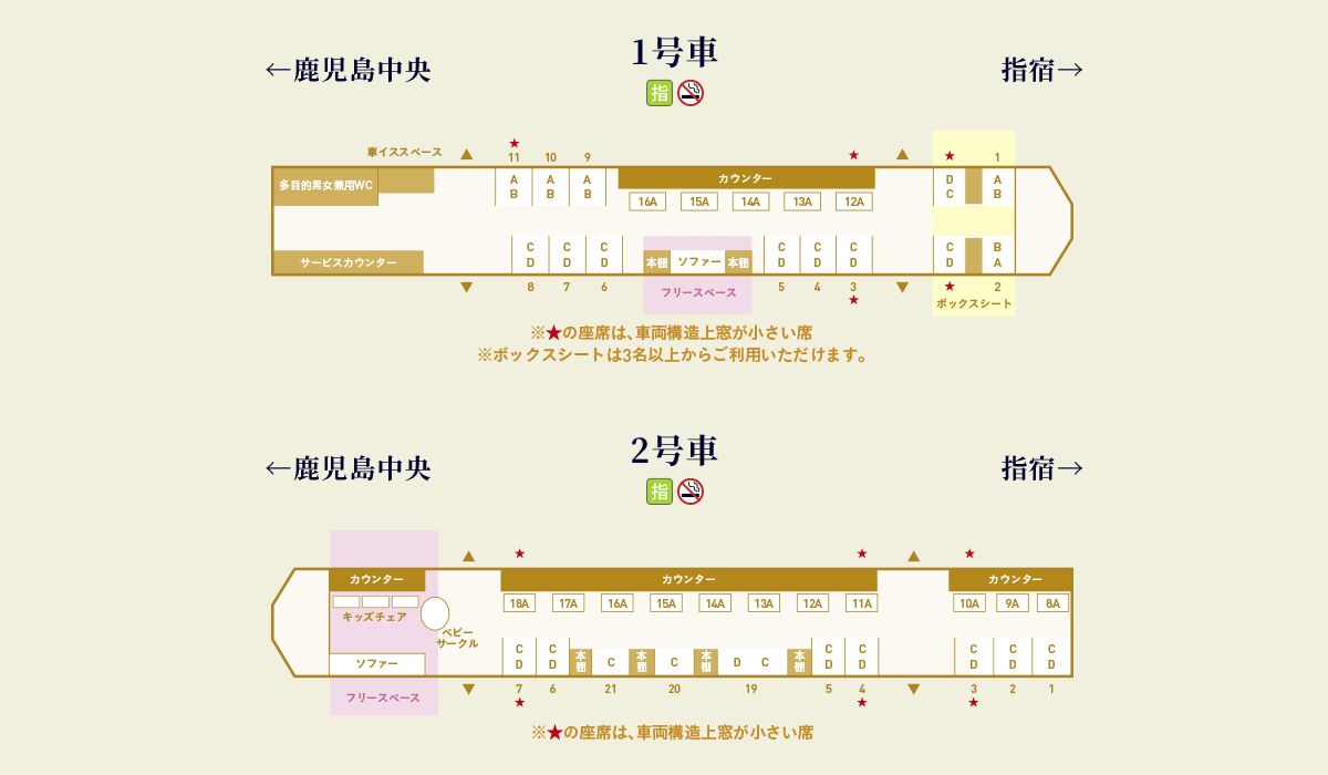 JR九州の観光列車「指宿のたまて箱」のシートマップ（JR九州公式サイトより引用）