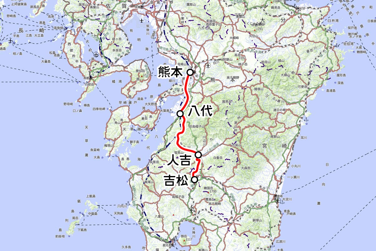 JR九州の観光列車「いさぶろう・しんぺい」の運転区間（国土地理院の地図を元に作成）
