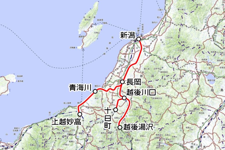 JR東日本の観光列車「越乃Shu＊Kura」運転区間（国土地理院の地図を元に作成）
