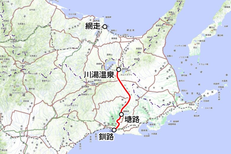JR北海道の観光列車「くしろ湿原ノロッコ号」の運転区間（国土地理院の地図を元に作成）