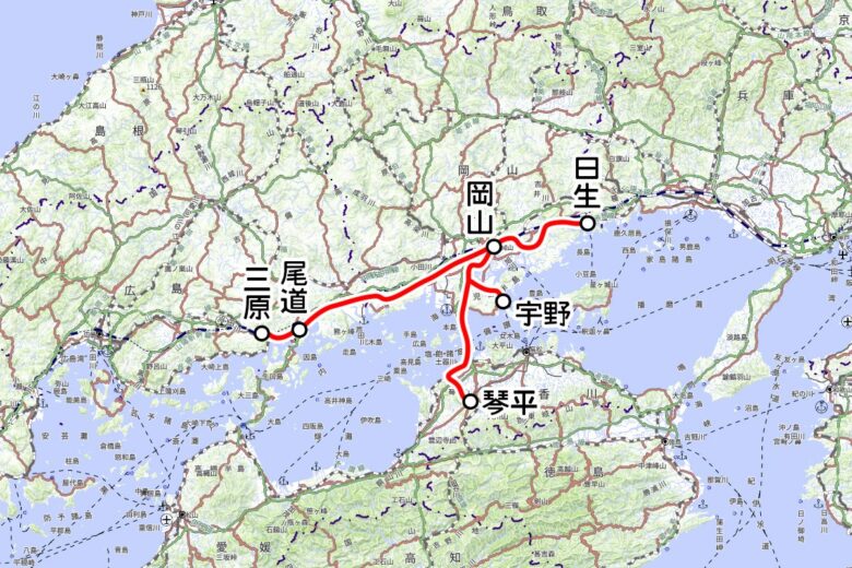 JR西日本の観光列車「ラ・マル・ド・ボァ」運転区間（地理院地図を元に作成）
