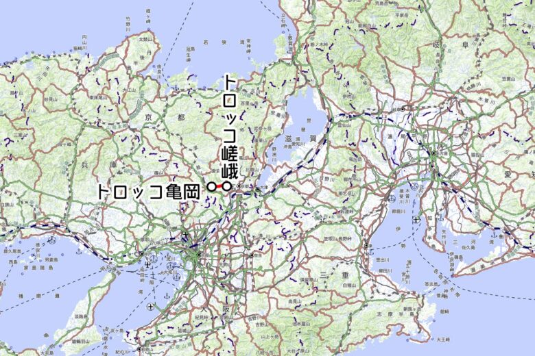 嵯峨野観光鉄道の観光列車「トロッコ列車」運転区間（地理院地図を元に作成）
