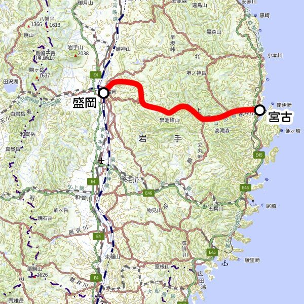 JR東日本の観光列車「さんりくトレイン宮古」運転区間（国土地理院の地図を元に作成）