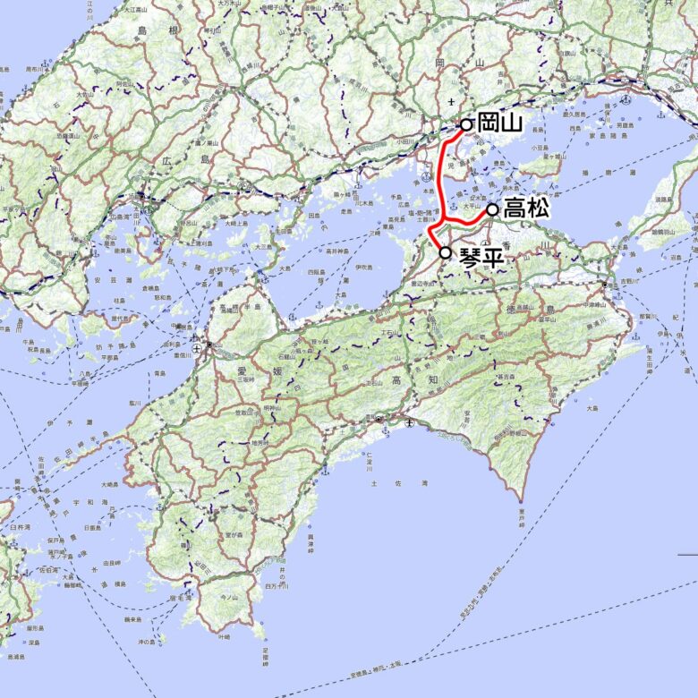 JR四国の観光列車「瀬戸大橋アンパンマントロッコ」運転区間（国土地理院の地図を元に作成）