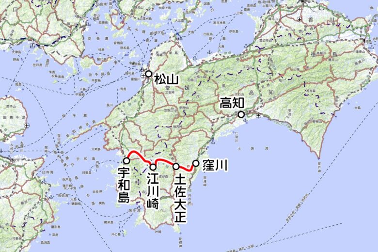 JR四国の観光列車「しまんトロッコ」運転区間（地理院地図を元に作成）