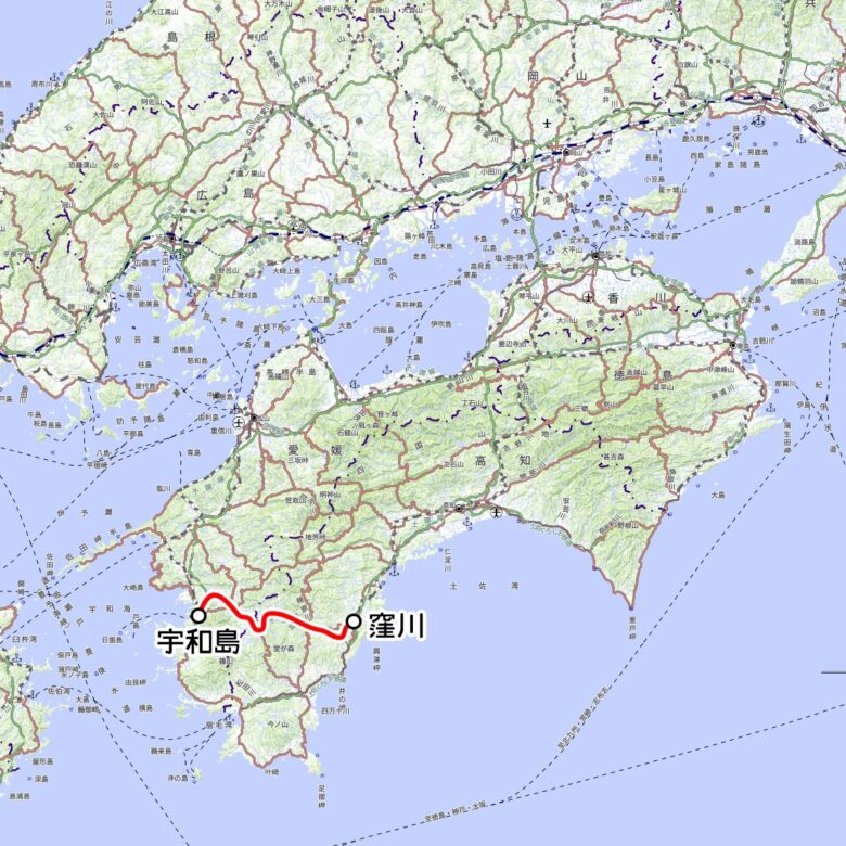 JR四国の観光列車「鉄道ホビートレイン」運転区間（国土地理院の地図を元に作成）