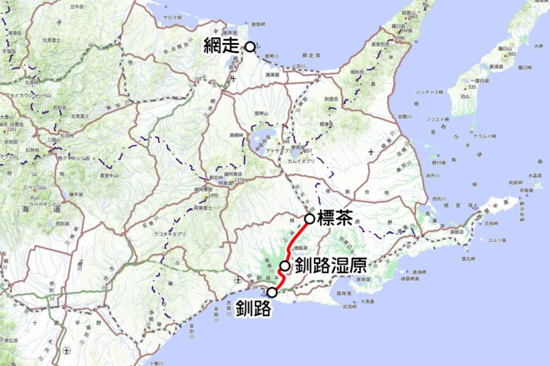 JR北海道の観光列車「SL冬の湿原号」運転区間（地理院地図を元に作成）