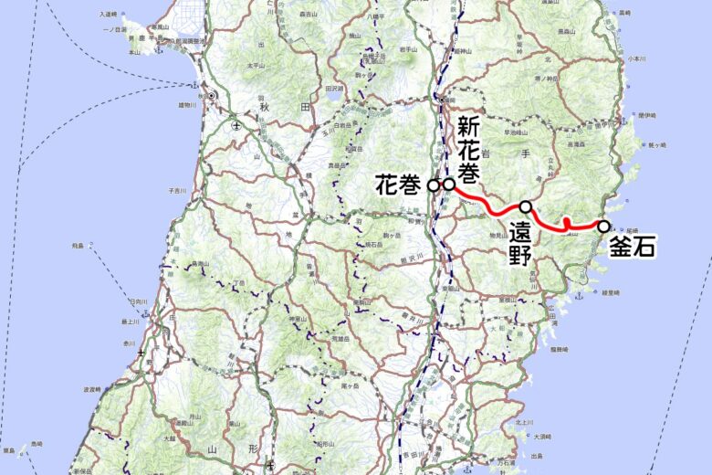 JR東日本の観光列車「SL銀河」運転区間（国土地理院の地図を元に作成）