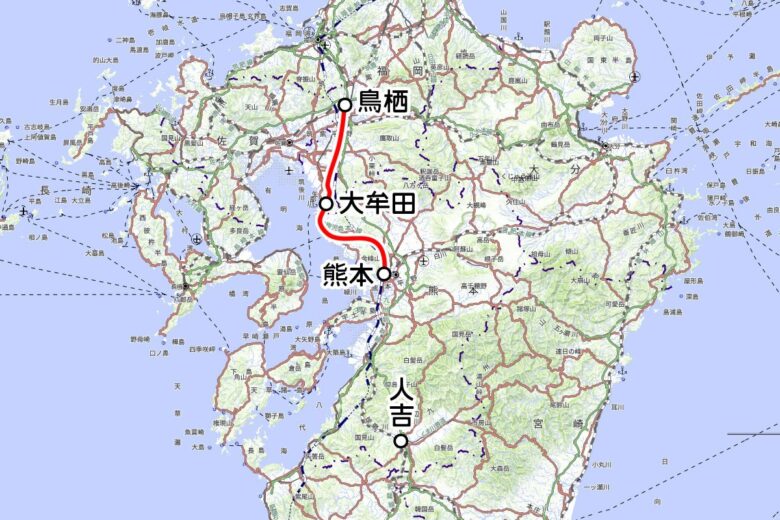 JR九州の観光列車「SL人吉」運転区間（国土地理院の地図を元に作成）