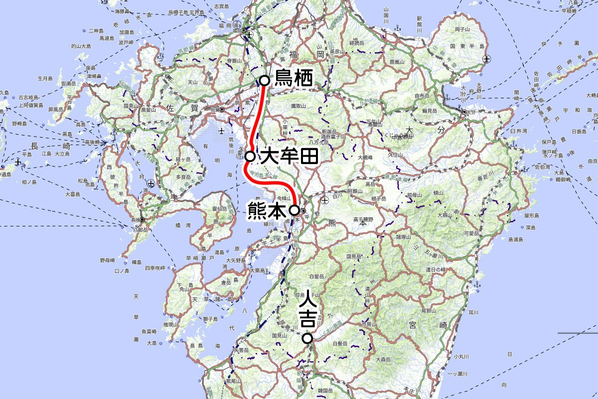 JR九州の観光列車「SL人吉」の運転区間（国土地理院の地図を元に作成）