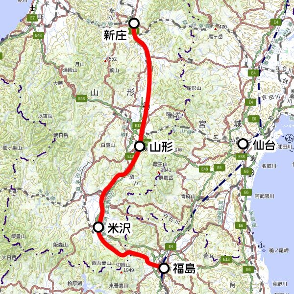 JR東日本の観光列車「とれいゆ つばさ」運転区間（国土地理院の地図を元に作成）