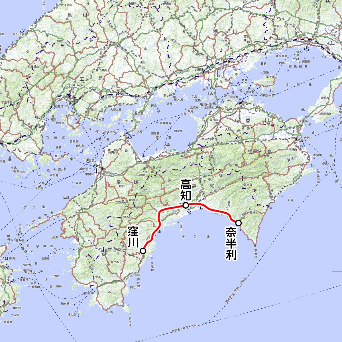 JR四国の観光列車「志国土佐 時代の夜明けのものがたり」の運転区間（国土地理院の地図を元に作成）