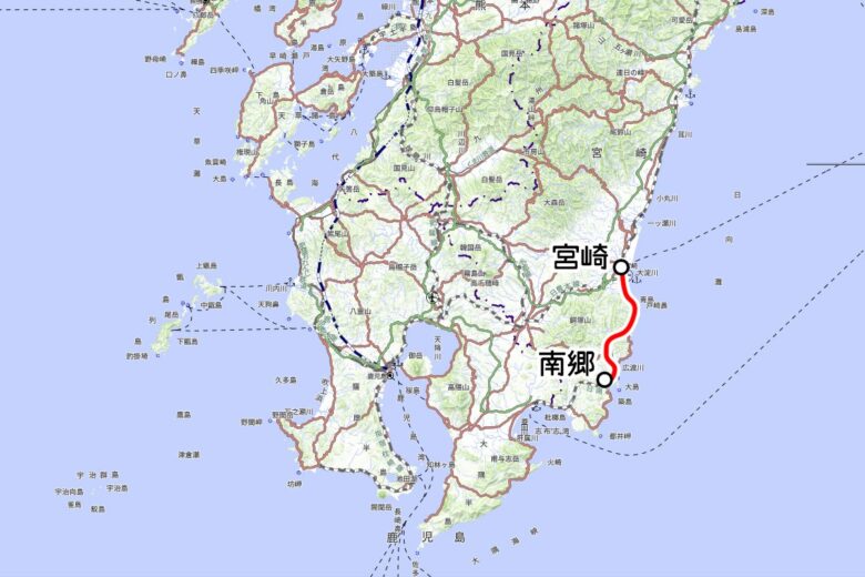 JR九州の観光列車「海幸山幸」運転区間（国土地理院の地図を元に作成）