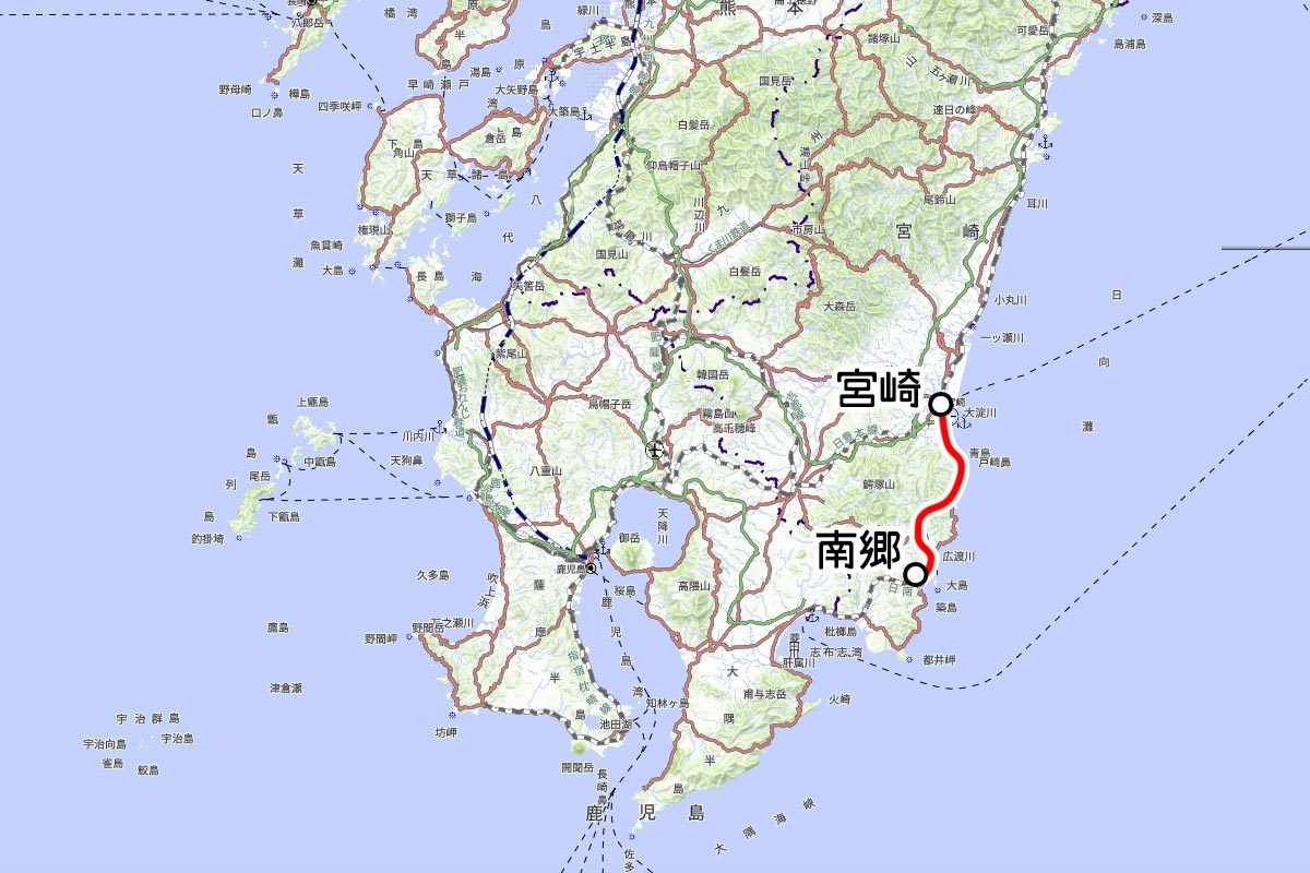 JR九州の観光列車「海幸山幸」の運転区間（国土地理院の地図を元に作成）