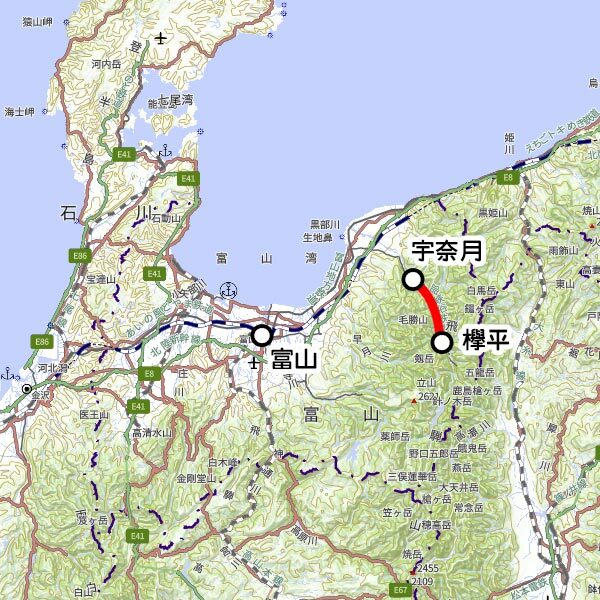 黒部峡谷鉄道の観光列車「トロッコ電車」運転区間（国土地理院の地図を元に作成）