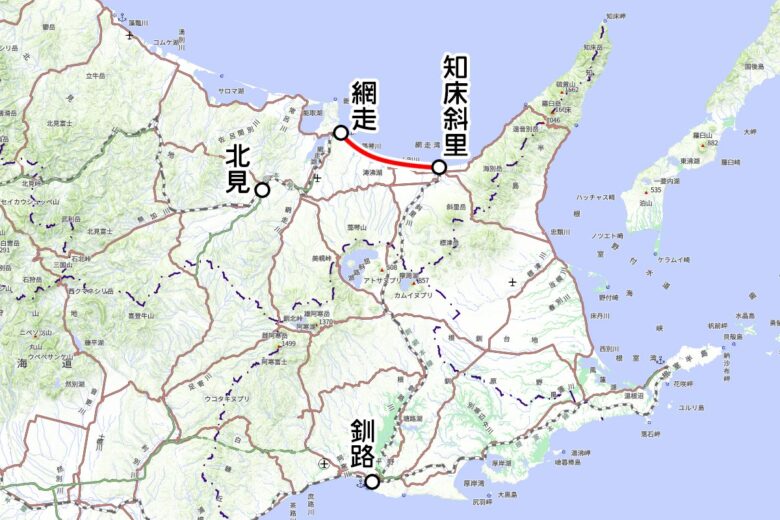 JR北海道の観光列車「流氷物語号」運転区間（地理院地図を元に作成）