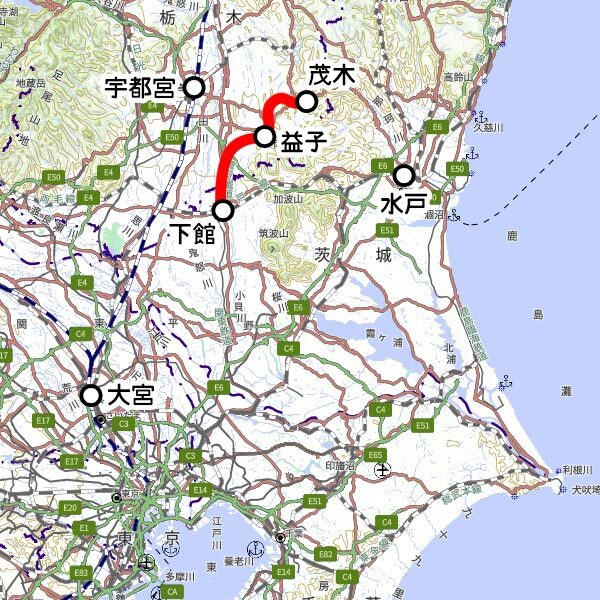 真岡鐵道の観光列車「SLもおか」運転区間（国土地理院の地図を元に作成）