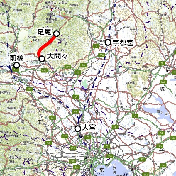 わたらせ渓谷鐵道の観光列車「トロッコわたらせ渓谷号」運転区間（国土地理院の地図を元に作成）