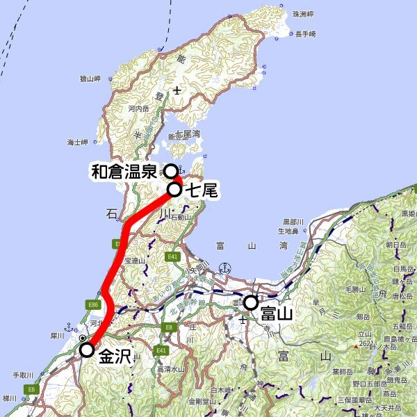 JR西日本の観光列車「花嫁のれん」運転区間（国土地理院の地図を元に作成）