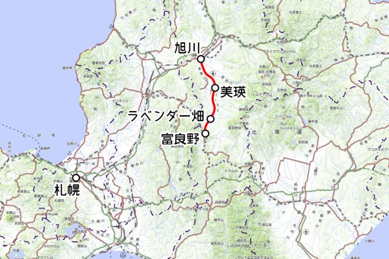 JR北海道の観光列車「富良野・美瑛ノロッコ号」運転区間（国土地理院の地図を元に作成）