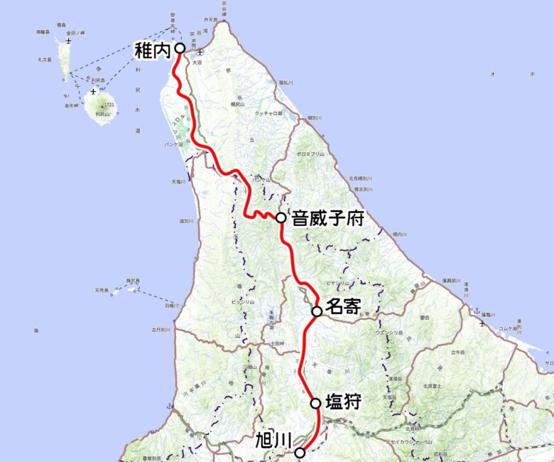 JR北海道の観光列車「花たび そうや」運転区間（国土地理院の地図を元に作成）