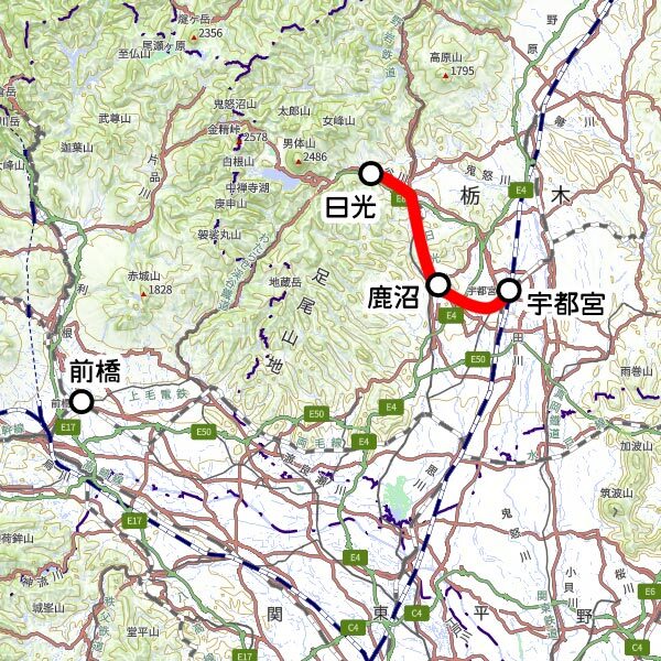 JR東日本の観光列車「いろは」運転区間（国土地理院の地図を元に作成）