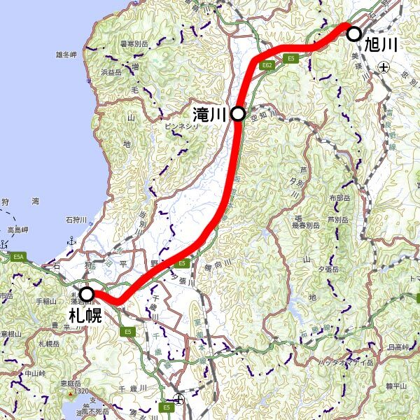 JR北海道の観光列車「ライラック旭山動物園号」運転区間（国土地理院の地図を元に作成）
