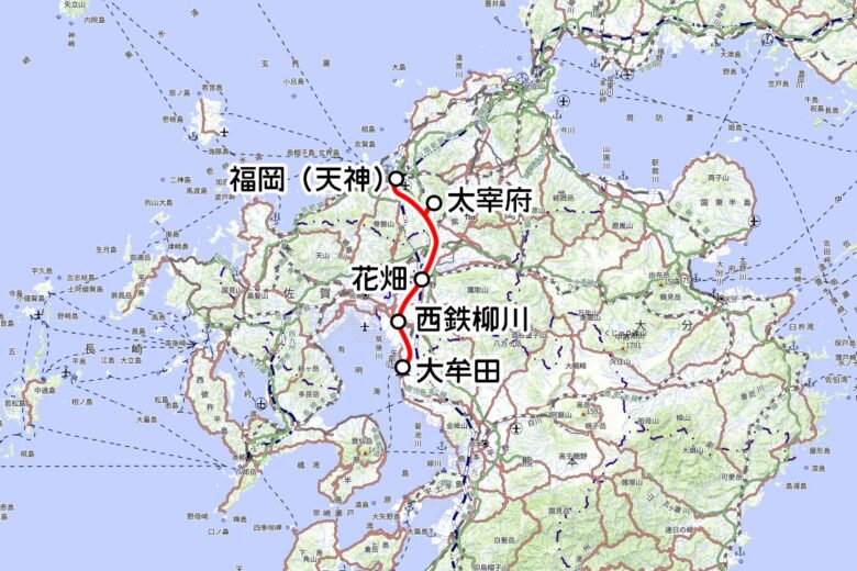西鉄の観光列車「THE RAIL KITCHEN CHIKUGO」運転区間（国土地理院の地図を元に作成）