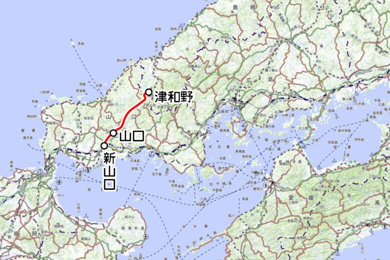 JR西日本の観光列車「SLやまぐち号」運転区間（国土地理院の地図を元に作成）
