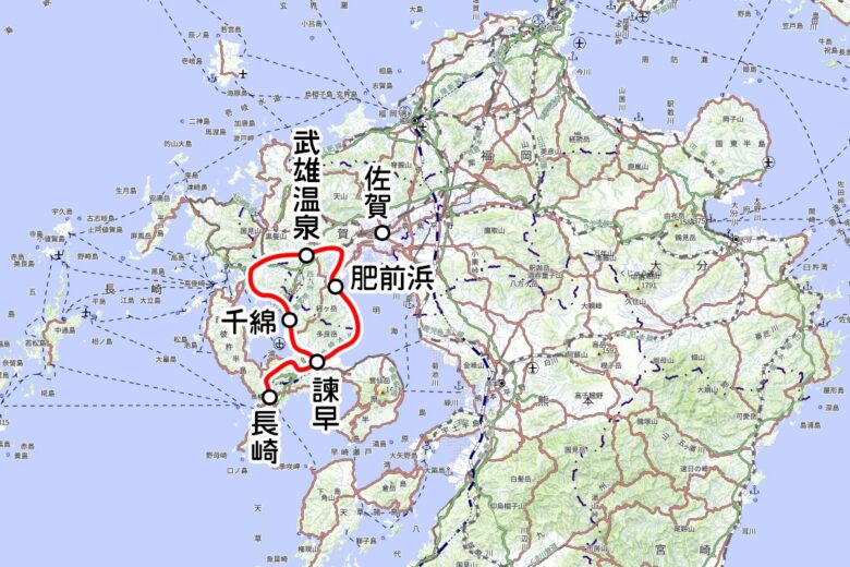 JR九州の観光列車「ふたつ星4047」運転区間（国土地理院の地図を元に作成）
