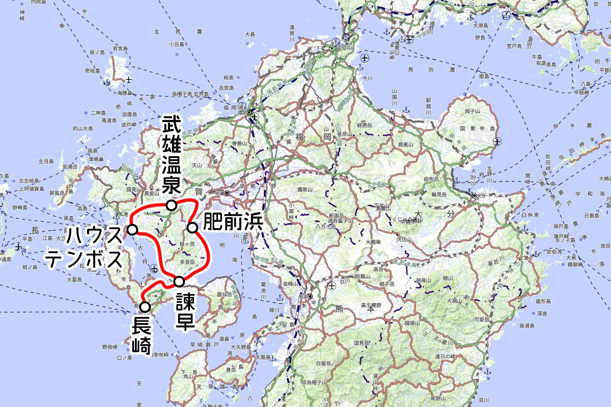 JR九州の観光列車「ふたつ星4047」運転区間（国土地理院の地図を元に作成）