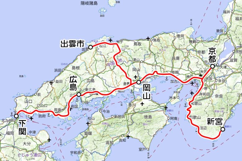 JR西日本の観光列車「WEST EXPRESS 銀河」運転区間（国土地理院の地図を元に作成）