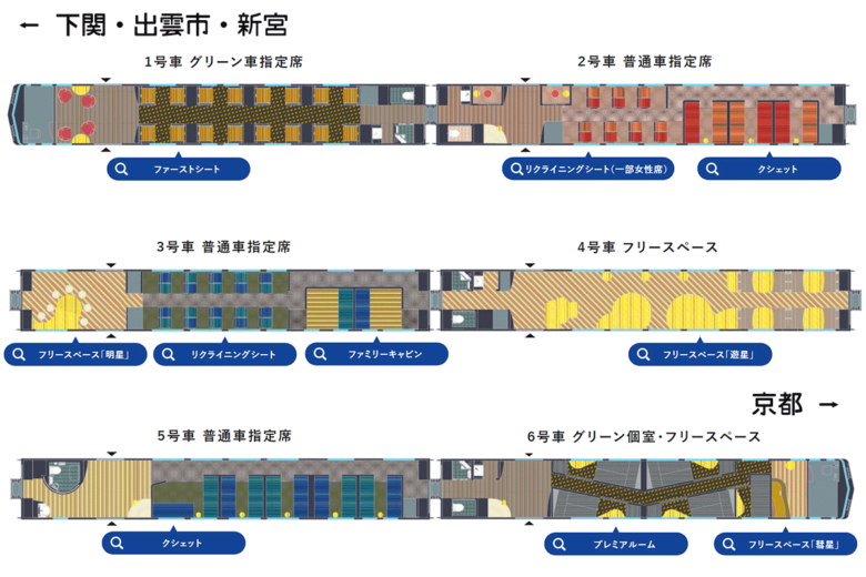 JR西日本の観光列車「WEST EXPRESS 銀河」シートマップ（JR西日本公式サイトより引用）