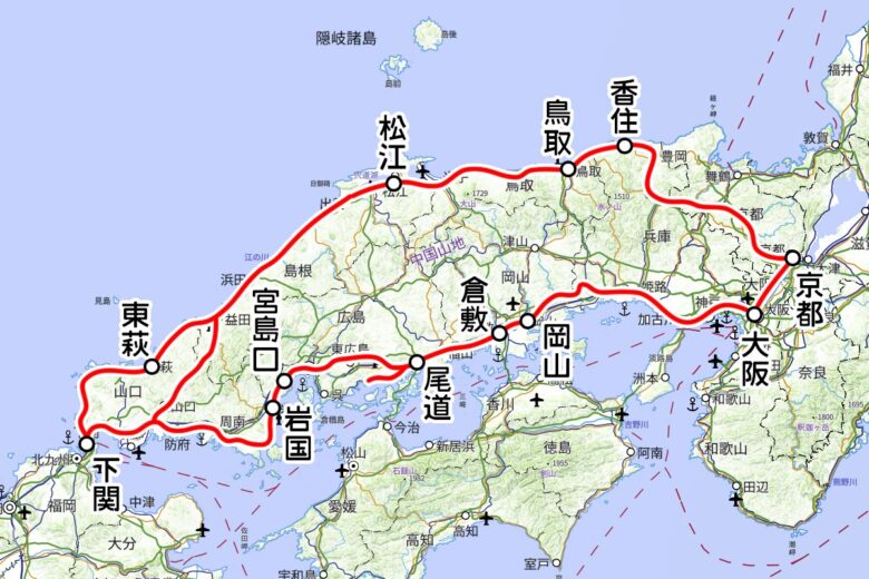 JR西日本の観光列車「TWILIGHT EXPRESS 瑞風」運転区間（国土地理院の地図を元に作成）