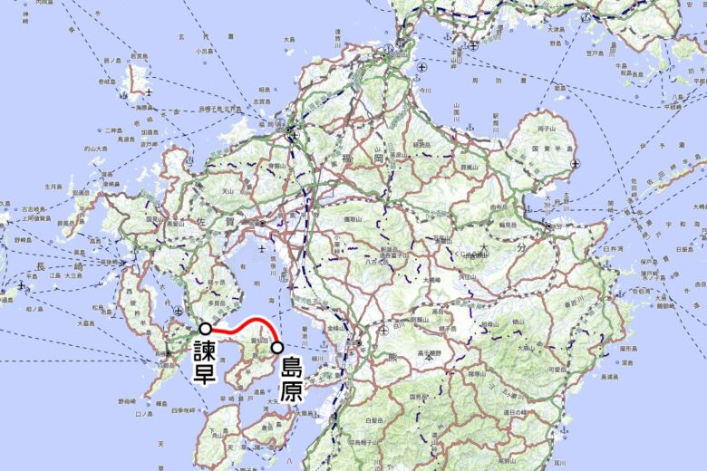 島原鉄道の観光列車「しまてつカフェトレイン」運転区間（国土地理院の地図を元に作成）