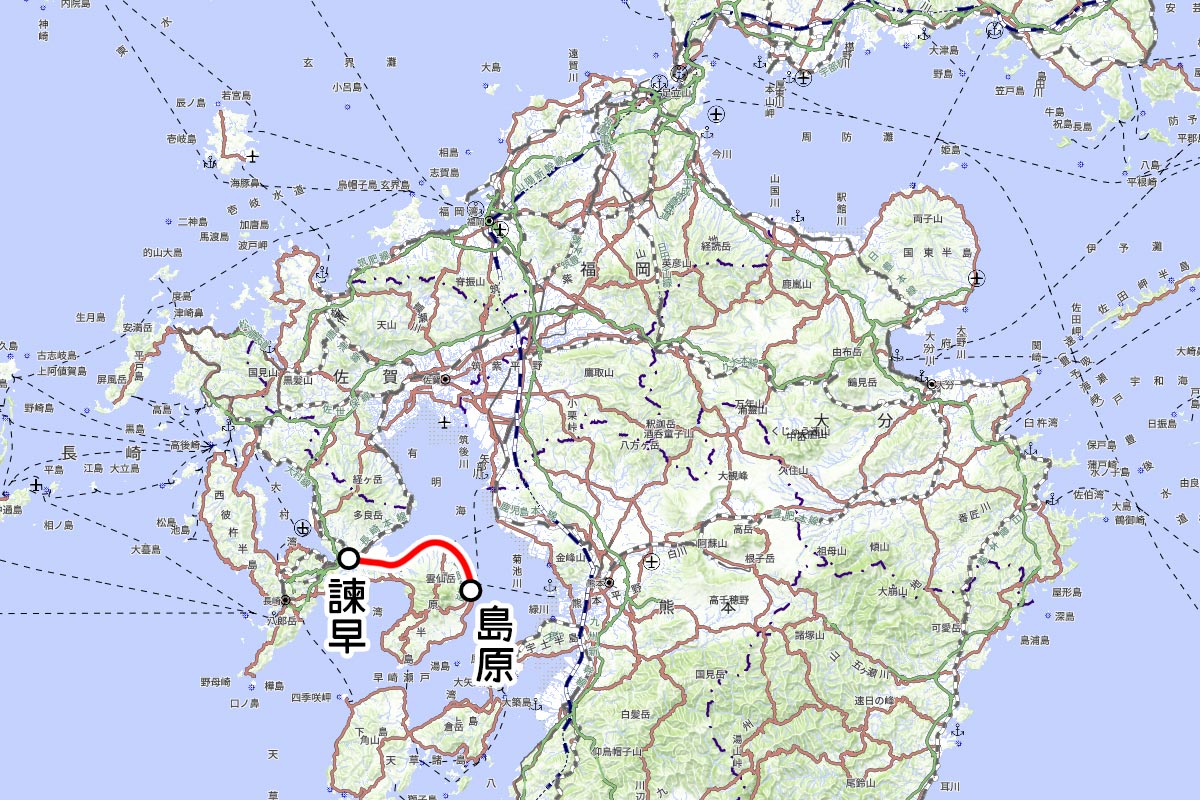 島原鉄道の観光列車「しまてつカフェトレイン」運転区間（国土地理院の地図を元に作成）
