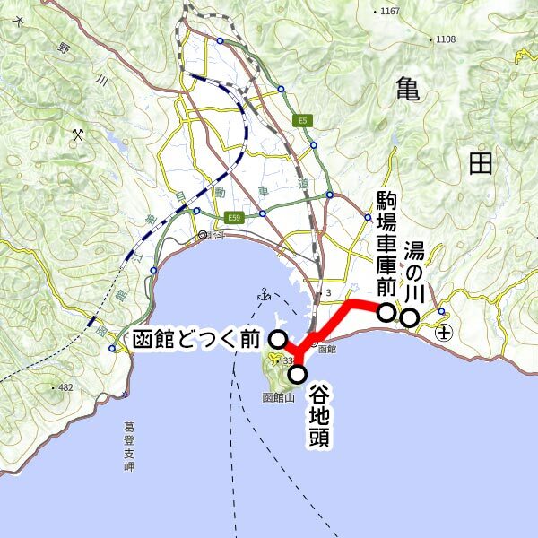 函館市電の観光列車「箱館ハイカラ號」運転区間（国土地理院の地図を元に作成）