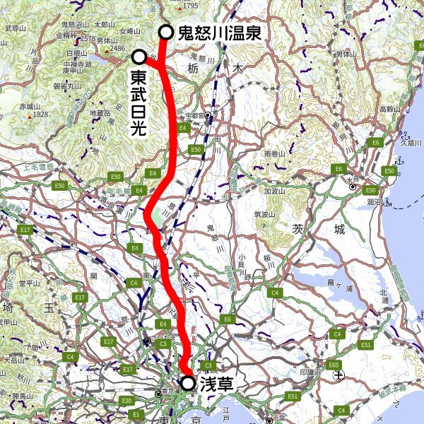 東武鉄道の特急「スペーシア」新型車両N100系の運転区間（国土地理院の地図を元に作成）