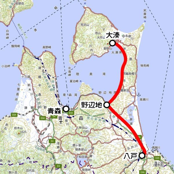 JR東日本の観光列車「リゾートあすなろ下北」運転区間（国土地理院の地図を元に作成）