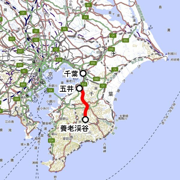 小湊鐵道の観光列車「房総里山トロッコ」運転区間（国土地理院の地図を元に作成）