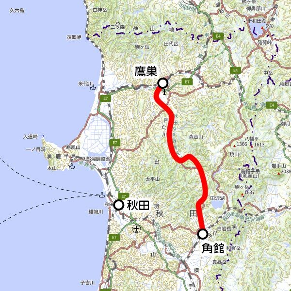 秋田内陸縦貫鉄道の観光列車「笑EMI」運転区間（国土地理院の地図を元に作成）